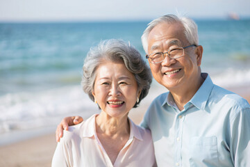 ビーチで微笑む日本のアジア人シニアカップル