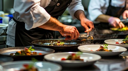 A chef is busy preparing a dish in a commercial kitchen. He is using a large frying pan and a spoon.