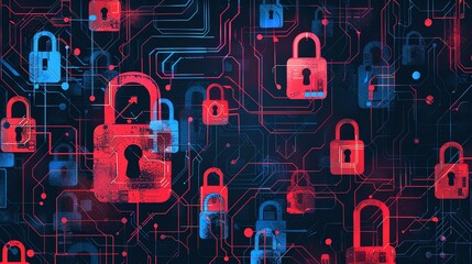 A digital illustration of a computer circuit board with red and blue glowing padlocks. The circuit board is dark blue and the background is black.