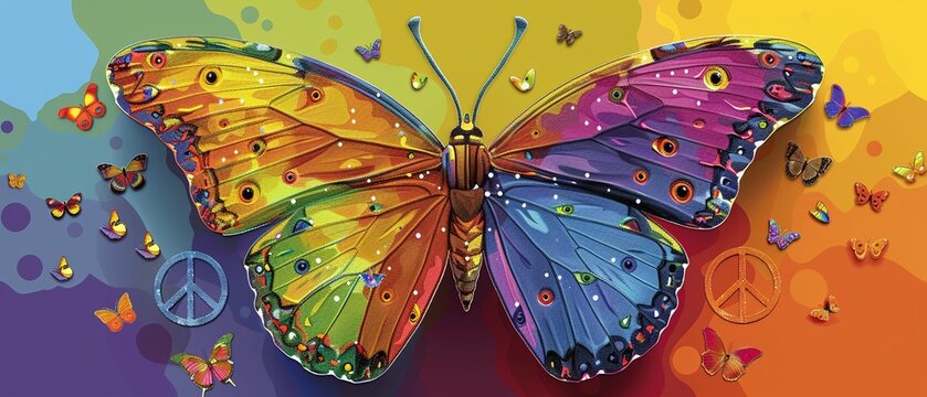 Children s badge with a butterfly, rainbow colors, funky doodle design, clip art graphic, peace sign, seasonal collage 8K , high-resolution, ultra HD,up32K HD