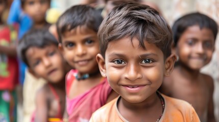 An adorable Indian boy with a warm smile and dark hair. He is wearing an orange shirt and is surrounded by friends.