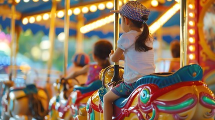 Little girl in a blue hat riding a colorful carousel horse at a funfair. The background is a blur of lights and colors.