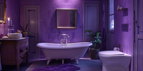 bathroom, purple walls, bathtub, toilet and sink, small cupboard
