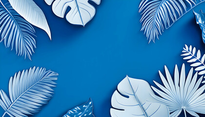 blue background with different types of tropical leaves, background with space, behance hd