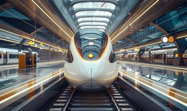 A highspeed train station with automated ticketing and boarding systems, futuristic design, bright and clean, 3D render