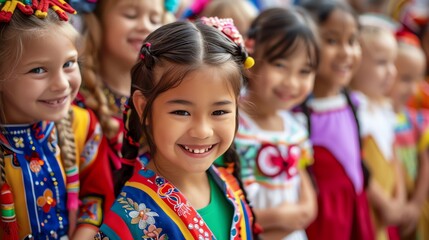Little girl with dark hair and brown eyes wearing a colorful traditional dress smiles happily while standing in a group of other children.