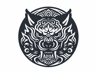 Fototapeta premium Black and white illustration of a mythical beast head in a circle with intricate patterns.