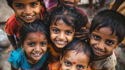 authentic, candid portrait of a group of diverse children from india. the children are smiling and looking at the camera.