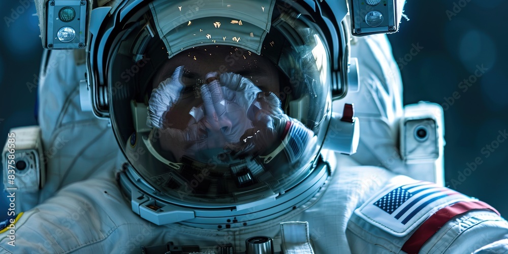 Wall mural astronaut in full space suit exploring outer space floating in the galaxy