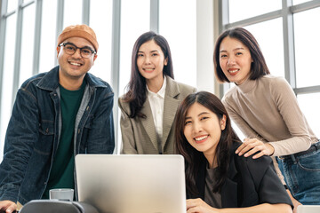 Asian business start up freelance people team analyzing statistics financial. Group Team of businesspeople man and woman Meeting Conference Discussion various topic Corporate Concept in office.