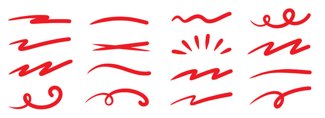 Red squiggle brush scribble underline. Marker pen emphasis highlight red swoosh stroke. Vector swoosh brush underline set for accent, marker emphasis squiggle element. Vector illustration