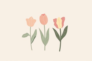 Fototapeta premium Three pink and yellow tulips with green leaves on a beige background.