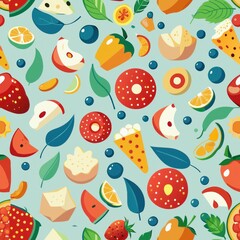 Seamless pattern of assorted cereals with milk splashes and fruit slices, Generative AI