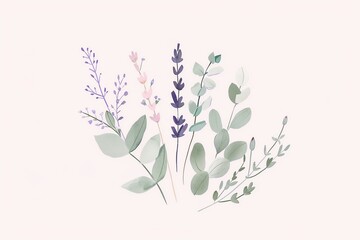 Watercolor painting of lavender and eucalyptus branches.