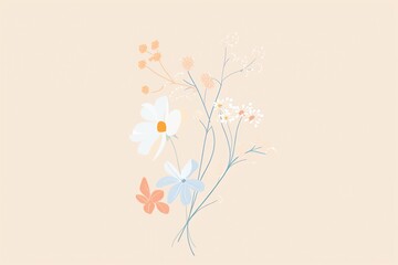 Simple floral illustration with white, blue and orange flowers on a light pink background