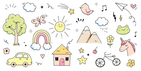 Fototapeta premium Kid cute doodle set. Cute sun, house, tree kid doodle sketch style vector. Hand drawn sun, car, rainbow elements. Funny children pen outline flower, bird, butterfly. Vector illustration.