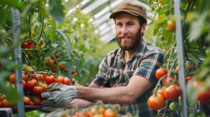Fototapeta premium A male farmer harvests tomatoes in a greenhouse. The concept of natural products, agriculture, and environmentally friendly food.