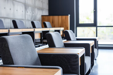 Fototapeta premium Modern university lecture halls with sleek design elements and highly contrasting tones.
