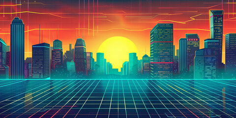 a retrofuturistic cityscape with neon grid lines and digital landscapes, generative AI