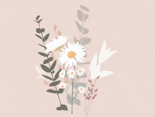 Naklejka premium Delicate white daisies and eucalyptus leaves on a soft pink background.