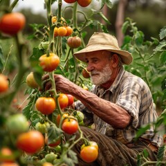 A male farmer harvests tomatoes in a greenhouse. The concept of natural products, agriculture, and environmentally friendly food.