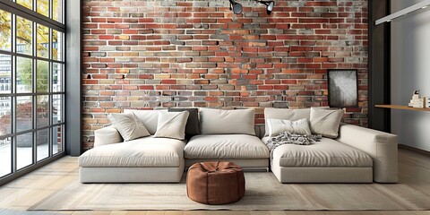 Naklejka premium contemporary living room, brick wall, couch, clean, organized, minimalist