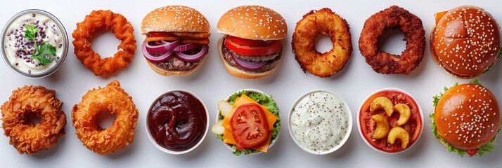 Top view of assorted fast food including burgers, onion rings, and dipping sauces, arranged neatly on a white background.