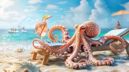 Naklejka premium A cute pink octopus with a tropical cocktail is relaxing on a sun lounger on the beach. The concept of a vacation at sea.