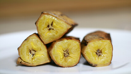 Boiled horn banana. Healthy snack.
