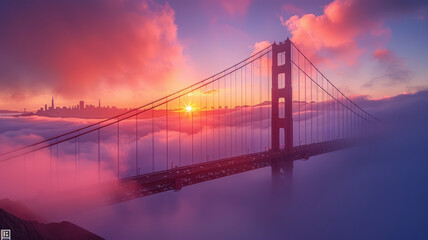 Fototapeta premium Golden Gate at dawn surrounded by fog,generative ai