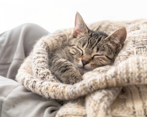 A cute tabby kitten is sleeping soundly, wrapped in a cozy blanket.