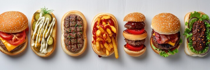 A delicious variety of gourmet burgers and sandwiches, each with unique toppings and ingredients, appetizingly displayed on a white background.