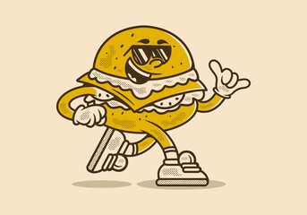 Vintage mascot character illustration of running burger