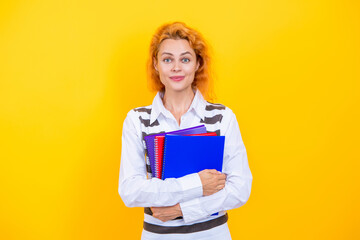 Teacher isolated yellow. Woman teacher at university. Teachers from university exam. Woman school...