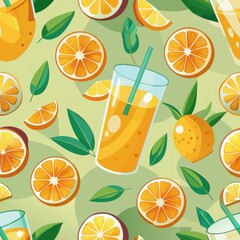 Seamless pattern of freshly squeezed orange juice with citrus slices, Generative AI