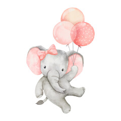 Watercolor baby elephant holding balloons. African baby animal for baby shower girl, nursery decorations, birthday invitations vector