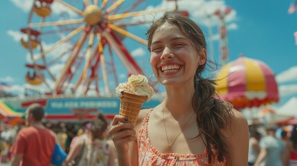 Brooklyn festival scene, friends enjoying ice cream cones, Ferris wheel behind, vibrant and joyful 8K , high-resolution, ultra HD,up32K HD