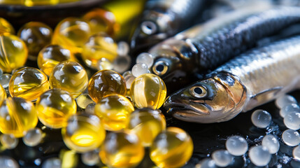 Omega Bounty. depicts fish alongside capsules and beads of omega-3 supplements. 
