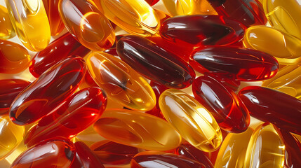 Vitality Capsules. a collection of translucent, amber, and red gel capsules. for health supplements and contain liquid medication or nutrients for oral consumption.
