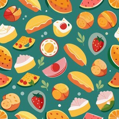 Seamless pattern of omelets with various fillings like cheese, ham, and vegetables, Generative AI