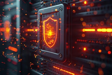 Fototapeta premium A glowing shield emblem embedded in a futuristic digital circuit board.