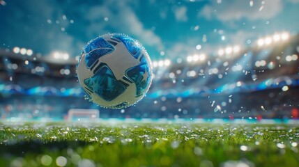Naklejka premium World Cup Fever: Hyperrealistic Commercial Poster of a Soccer Match, capturing a close-up of a soccer ball soaring above the vibrant green field