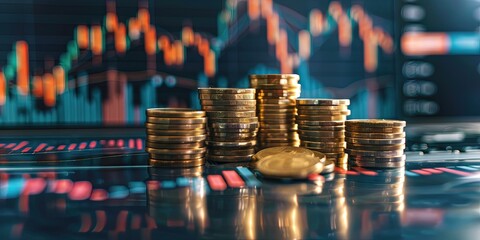 Stack of coins and stock charts