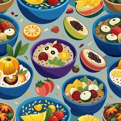 Seamless pattern of smoothie bowls with toppings like chia seeds and coconut flakes, Generative AI