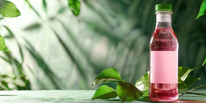 pink juice bottle, blank white label, refreshing background, 