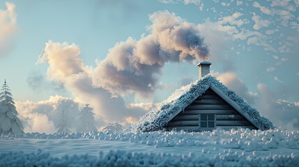 An illustration of a winter cabin nestled in a snowy forest against a mountainous landscape serves as a captivating wallpaper with a natural background.