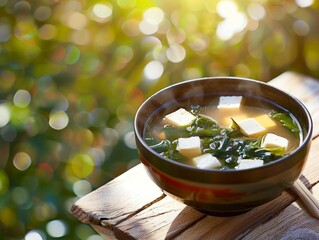A steaming bowl of miso soup with tofu and seaweed, set on a wooden table outdoors.  The background is a soft, green bokeh.