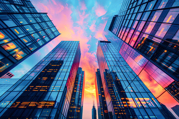 Stunning Cityscape at Sunset with Skyscrapers and Vibrant Skyline, Copyspace for Text or Graphics