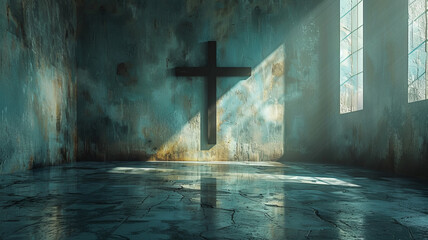 Cross shadow on the wall of an empty room in the sunlight. 3D render concept of religion,generative ai