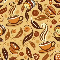 Obraz premium Seamless pattern of steaming coffee cups with coffee beans and swirls, Generative AI